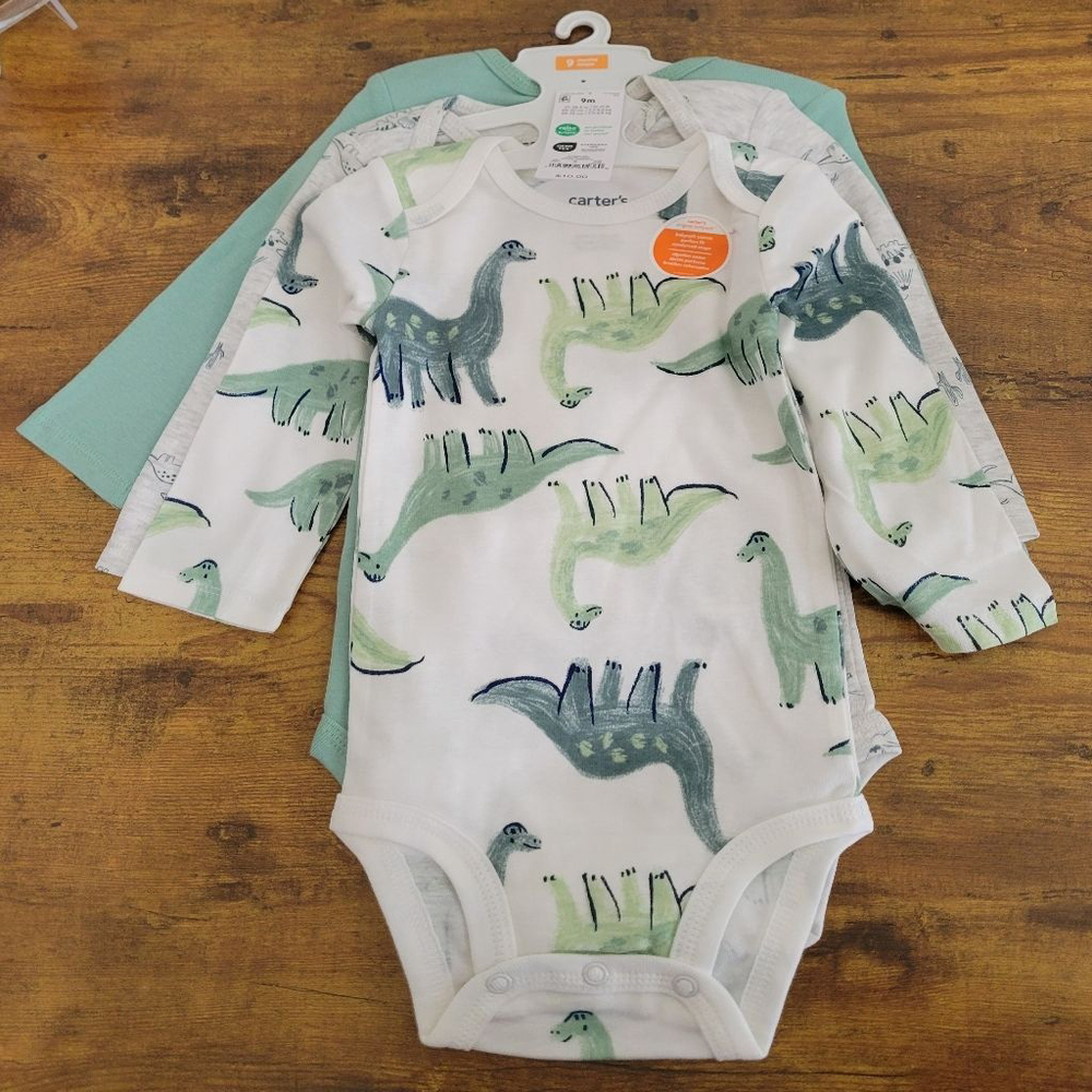 Baby Carter's Size NB & 9M Bodysuits 3 Pack Long Sleeve White Green Dinosaur NWT